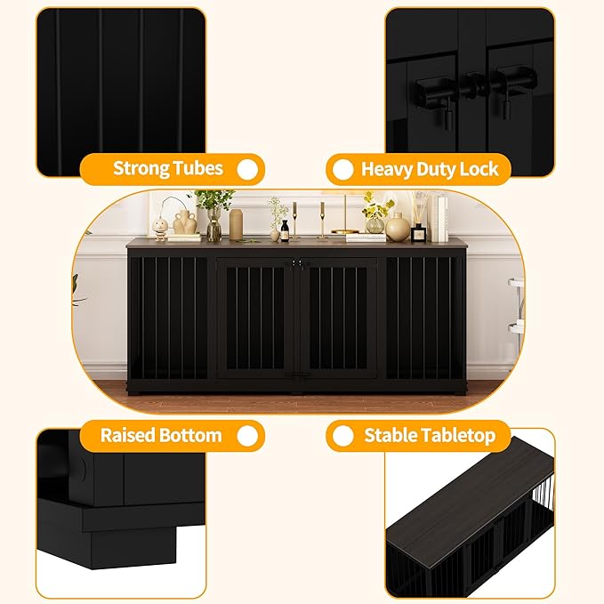 Large Funiture Style Dog Crate for 2 Dogs, 70" Wooden Dog Kennel Furniture with Removable Divider & 2 Trays, Indoor Heavy Duty Dog House w/Double Rooms for Large Medium Dogs, Black