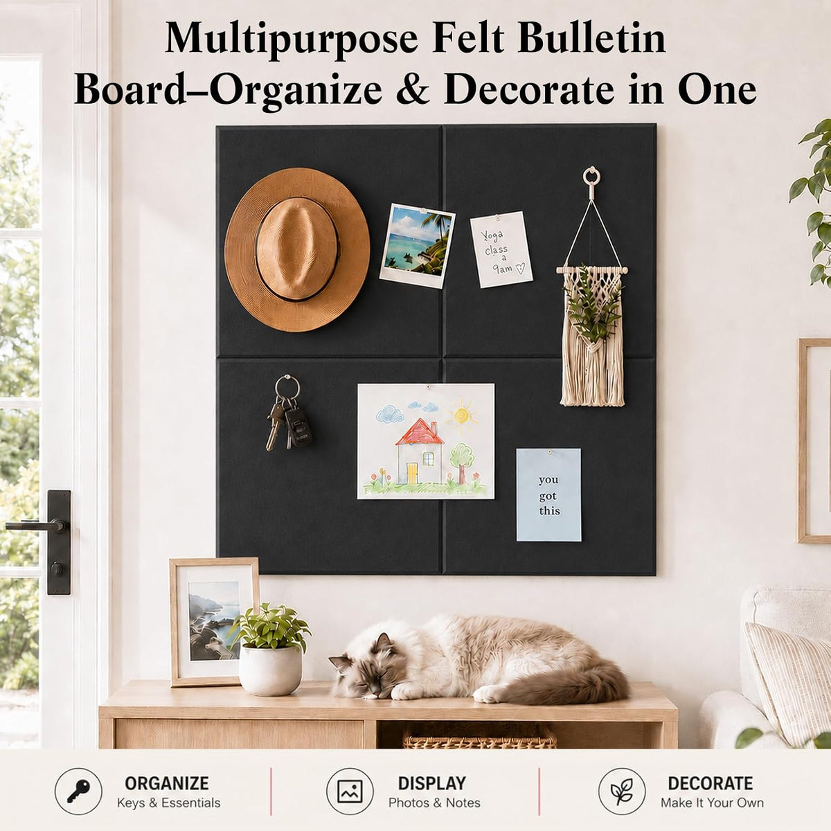 48" x 36" Decorative Bulletin Boards, Large Cork Board Alternative | 50 Pushpins, 60 Adhesive Tabs, Solid-Tile 12-Pack Felt Wall Tiles, Cork Boards for Office Push Pin Board Felt Board, Black