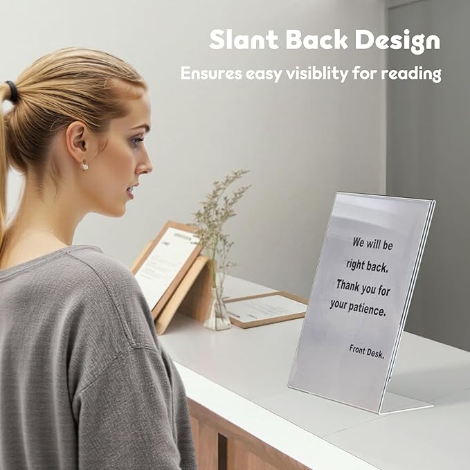 NIUBEE Acrylic Sign Holder 8.5 x 11 Inches Slanted Back, Clear Plastic Sign Holder Paper Display Table Stand for Office, Store, Restaurant (10 Pack)