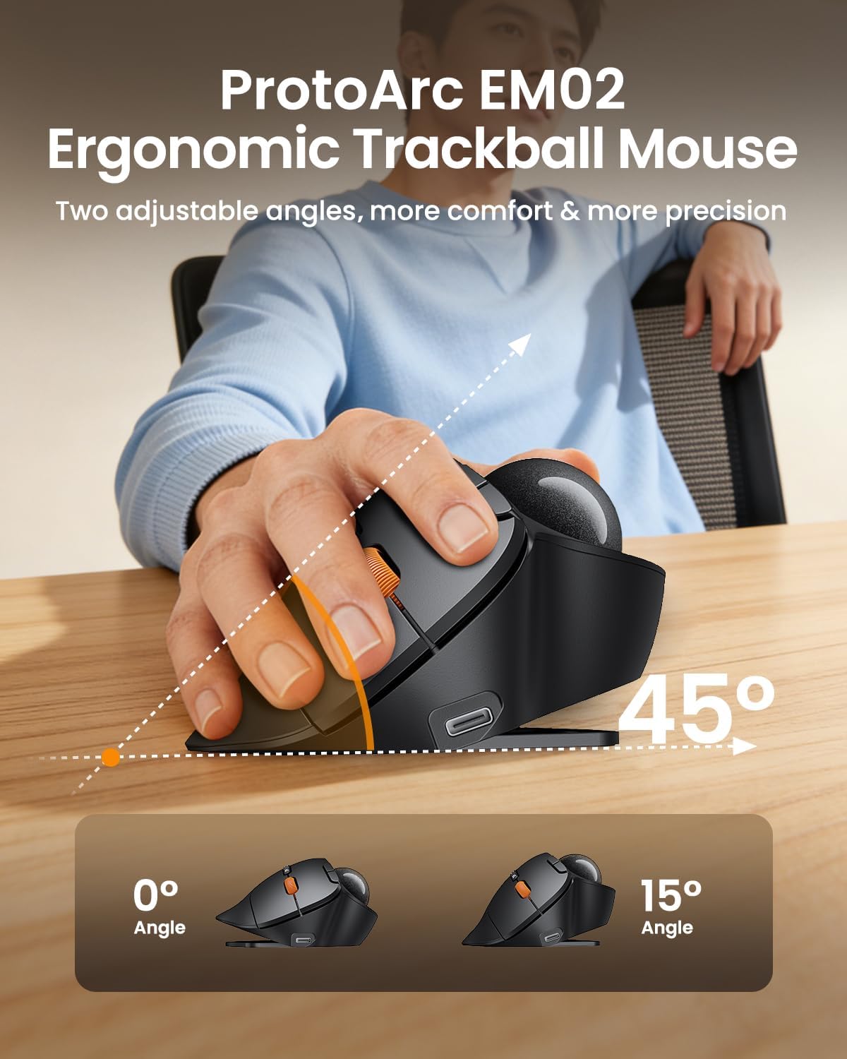 ProtoArc EM02 Wireless Trackball Mouse, 0/15° Adjustable Angle, Gray