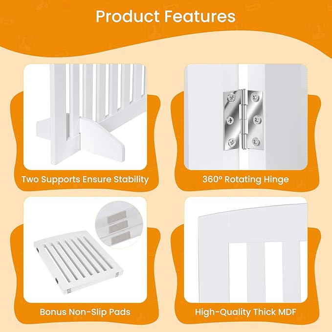 ZENY 24 Inch Pet Dog Gate, Foldable Freestanding Dog Door 3 Panel, White Wooden Z Shape Step Over Pet Fence for Entryway, Stairs, Doorway, White