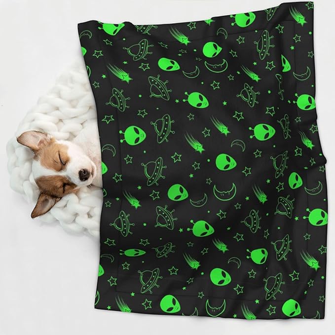 Dog and Cat Blanket in One, Green Alien Moon Spaceships Planet Black, Double Sided Plush Throw with Raised Dot Pattern on One Side and Flat Velvet on Other for Variety