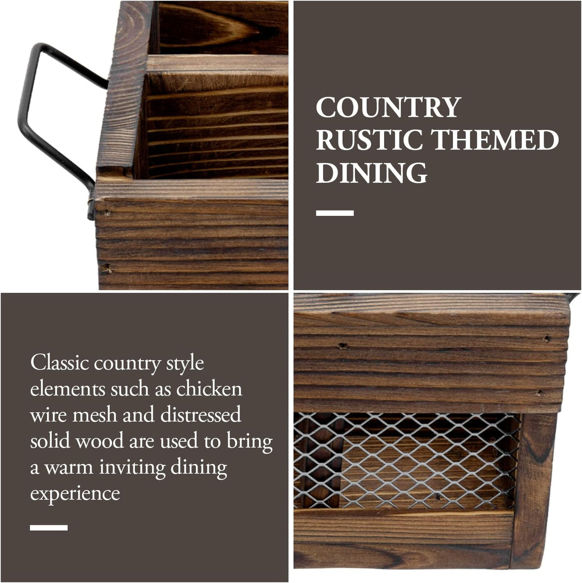 MyGift Rustic Brown Wood Utensil & Napkin Caddy with Black Metal Handles