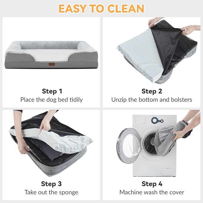 Orthopedic Dog Bed for Large Sized Dogs Waterproof Memory Foam Pet Beds with Nonskid Bottom Washable Dog Couch Bed with Washable Removable Cover Light Grey