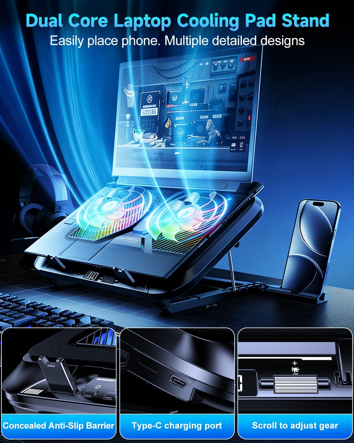 Laptop Cooling Pad with Dual Core Cooler, Gaming Laptop Cooler with 5.5in 2 Powerful Turbofan(9500 RPM), Fast Cooling Laptop 12-21in, 5 Height Stands, 100 Gear Speed, LCD Screen, RGB, Phone Holder