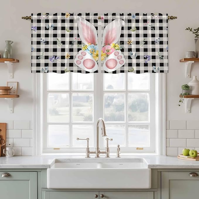Easter Kitchen Tier Curtains 24 Inch Long 2 Panel Set, Rod Pocket Cafe Small