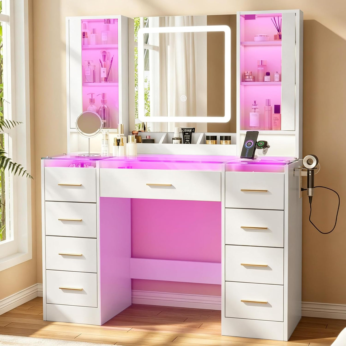 Vanity Desk with Mirror and Lights, 43" Large Makeup Vanity with Glass Top