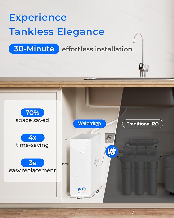 Waterdrop X8-Alkaline Mineral pH+ Tankless Reverse Osmosis System, NSF/ANSI