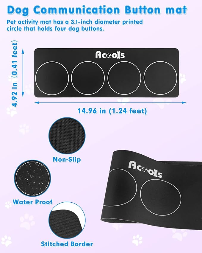 Dog Buttons for Communication, 4 Dog Talking Button Set, Speaking Buttons for Cats and Dogs, 30s Voice Recordable Pet Training Buzzer with Waterproof Dog Activity Mat and 48 Scene Stickers