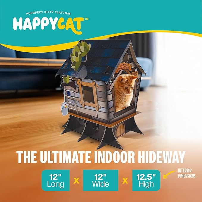 HappyCat Tree House Cat Scratcher House - Natural-Themed Cardboard Cat Playhouse, Scratch Panels, Spacious Interior & Scratch Surfaces - Sturdy Indoor Cat Activity Center