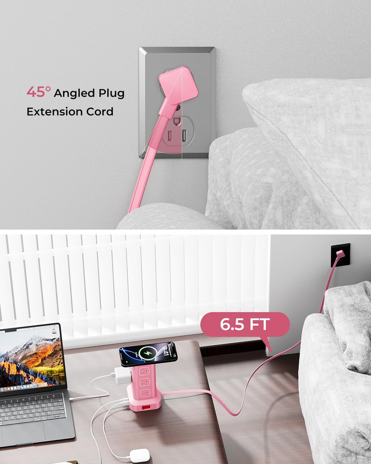 Pink Power Strip with 12 Outlets 4 USB (1 USB C), 6.5Feet Extension Cord with Multiple Outlets, Charging Station, Power Strip Tower, Home Office Desk Supplies