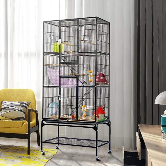 Yaheetech 69-Inch Extra Large Wrought Iron 3 Levels Ferret Chinchilla Sugar Glider Squirrel Small Animal Cage with Cross Shelves and Ladders, Black