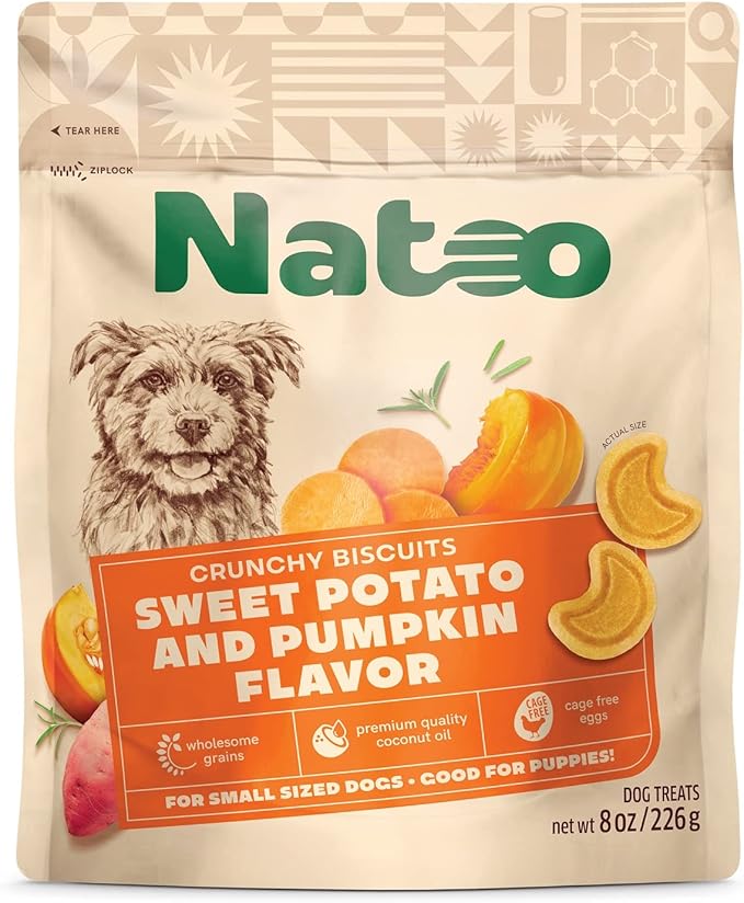 NATOO Biscuits for Small Dogs & Puppies Crunchy Dog Treats, Sweet Potato & Pumpkin Healthy Natural Canine Biscuits, Rich in Omega 6, Prebiotics & Fiber, Antioxidants for Immunity (8 oz)