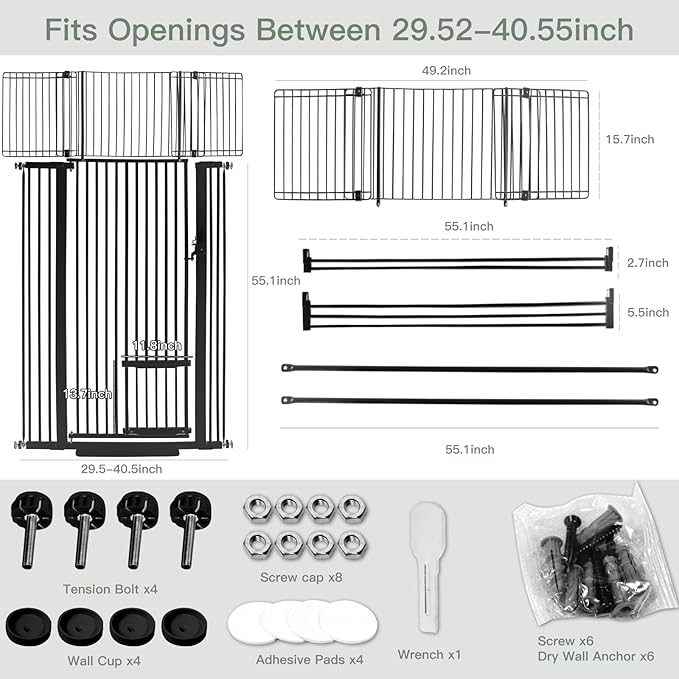 71 Inch Extra Tall Pet Gate with Small Cat Door, 29.55"-40.55" Adjustable Wide Dog Gate, Tall Cats Gates for Doorway, Stairs, House(Black)
