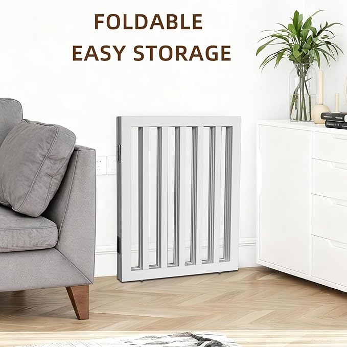 ZJSF Freestanding Indoor Dog Gate for House Foldable Wood White Puppy Gate for Doorways Pet Gate for Stairs Extra Wide Pet Fence 24" Height 4 Panels