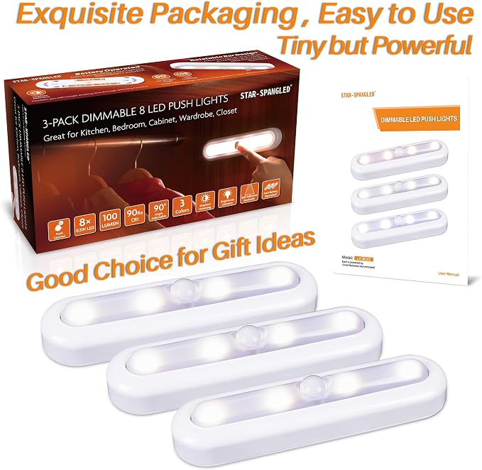 STAR-SPANGLED 3 Pack 7” Dimmable Push Tap Lights, Stick on LED Touch Lights AAA