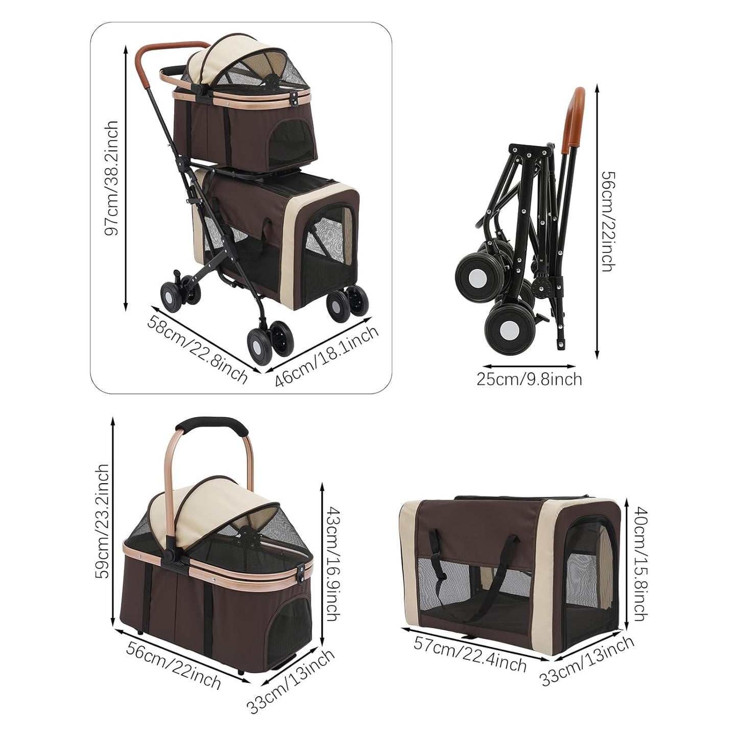 Double Pet Stroller for Dogs and Cats, Foldable Dog Stroller Travel Carriage with Detachable Carriers, Safety Belts, and 4 Lockable Wheels for Small to Medium Pets (Coffee Color)