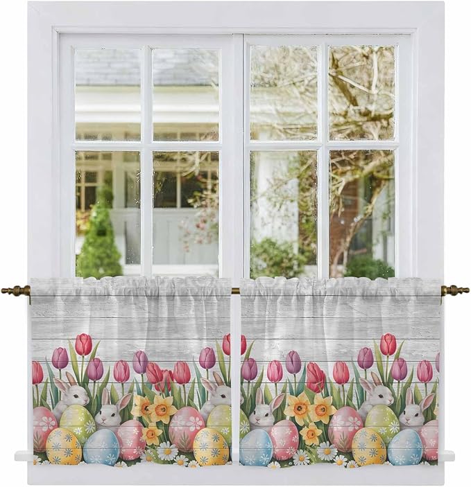 Easter Kitchen Tier Curtains 36 Inch Long 2 Panel Set, Rod Pocket Half Window