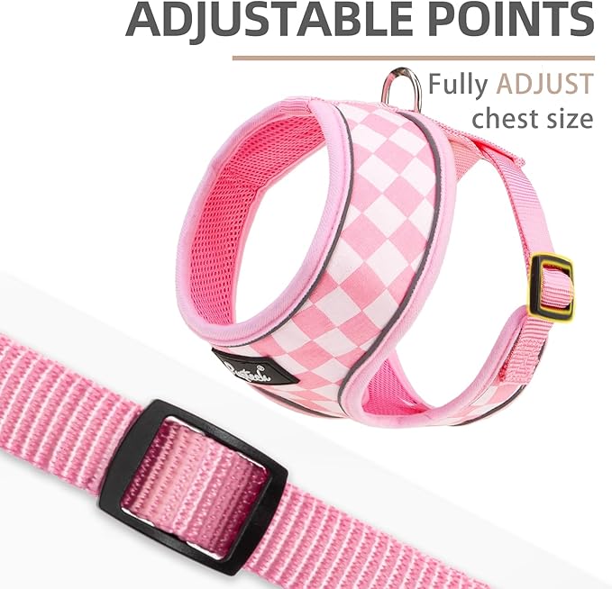 PUPTECK Soft Mesh Dog Harness and Leash Set Pet Puppy Cat Comfort Padded Vest No Pull Harnesses, Checkered Pink&White, L