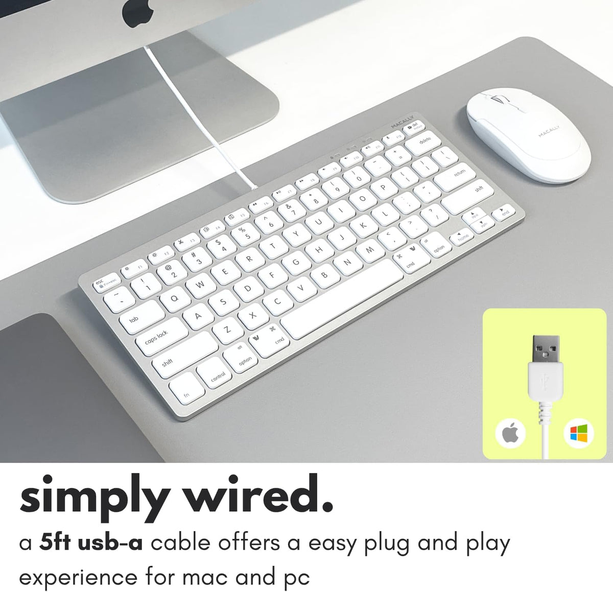 Macally Small Wired Keyboard for Mac and Windows - 78 Scissor Switch Keys Compatible Apple Keyboard - USB Mini Keyboard that Saves Space and Looks Great - Plug and Play Wired Mac Keyboard - Aluminum
