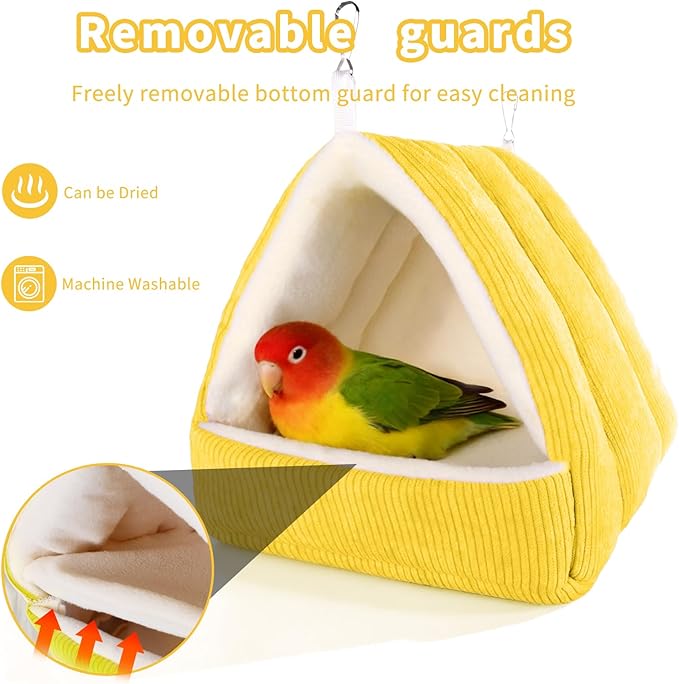 Bird Bed for Cage Winter Warm Bird Bed with Soft Plush Hanging Hammock & Hut Tent, Hideaway Sleeping Nest for Budgies, Parakeets, Cockatiels (Yellow, M)