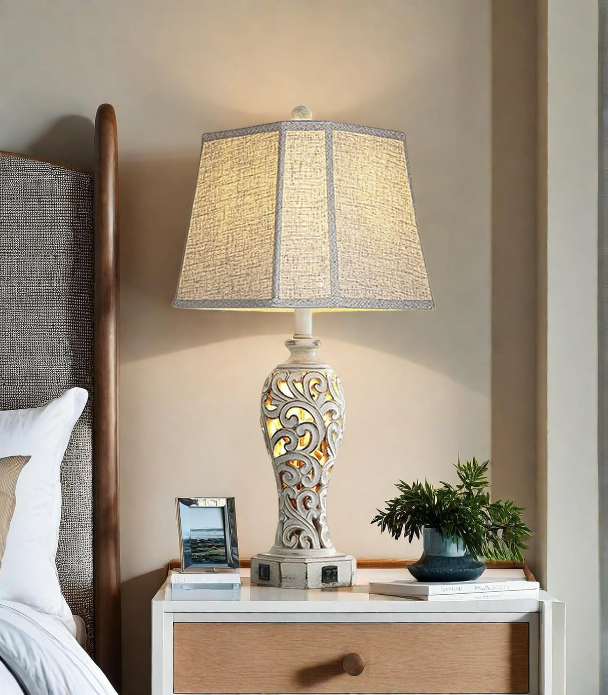 25'' Farmhouse Table Lamp for Living Room Bedroom with USB C+A