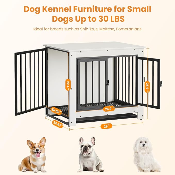 Dog Crate Furniture, 29 Inch Indoor Dog Kennel for Small Dogs Up to 30 LBS, Heavy Duty Wooden Pet Cage End Table with 3 Doors, Alloy Steel Frame & Removable Tray