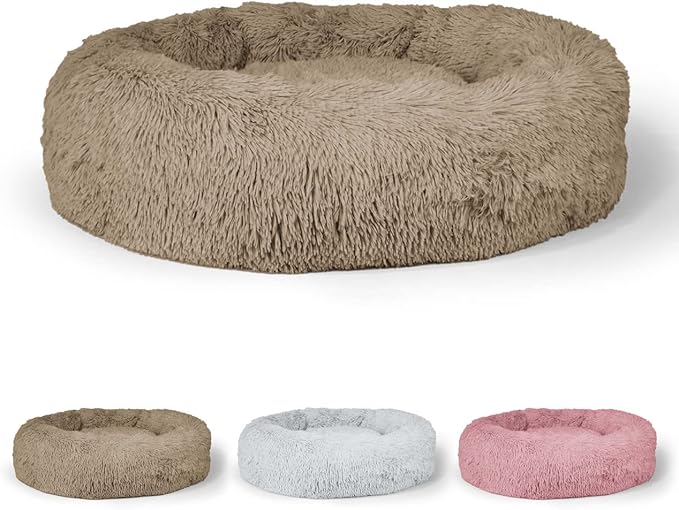 24/30 Inch Calming Donut Pet Bed for Small/Medium Cats and Dogs, Anti-Slip Bottom, Washable, Anti-Anxiety Fluffy Round Cat Bed, Indoor Shaggy Cuddler Cotton Candy Brown, Light Gray, Pink Bed