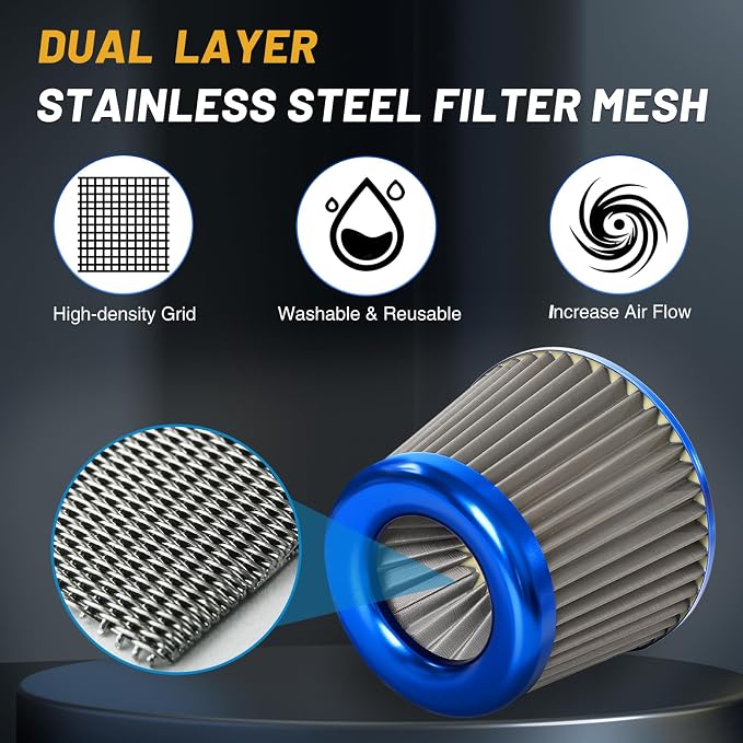 3" 76mm Universal High Flow Cold Air Intake Air Filter Upgraded Stainless Steel