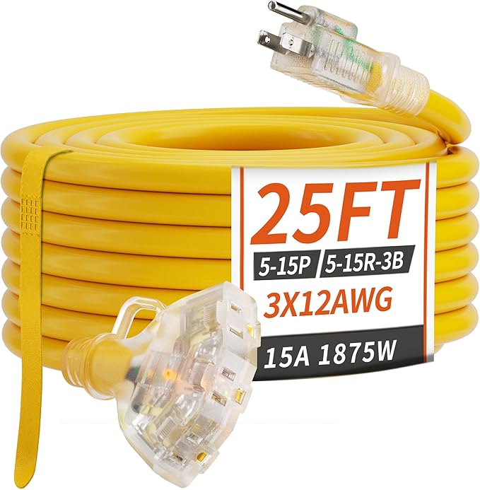 25 FT 12/3 Gauge Outdoor Extension Cord with Multiple Outlets Light Indicator, Flexible 3 Outlet Weatherproof Heavy Duty Extension Cord Waterproof Yellow, 15A 1875W 12AWG SJTW, ETL Listed