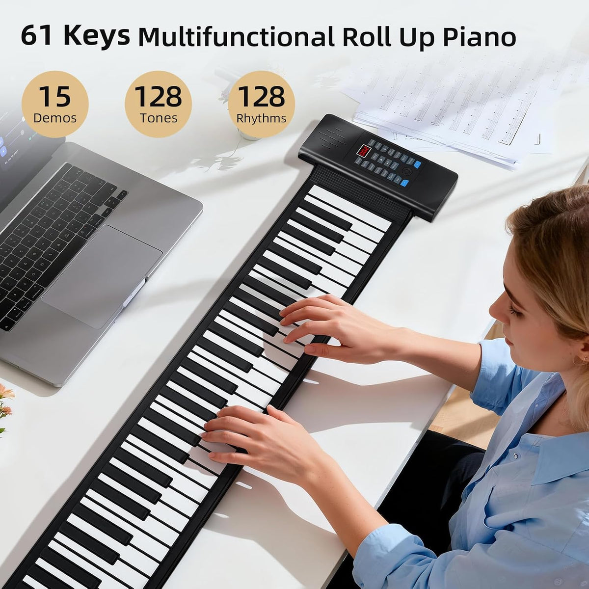 POGOLAB 61 Keys Roll Up Keyboard Piano, Portable Electric Foldable Piano with LED Display, Rechargeable & USB-MIDI Output, Built-in 15 Demos, 128 Tones, 128 Rhythms, Music Gift for Beginners