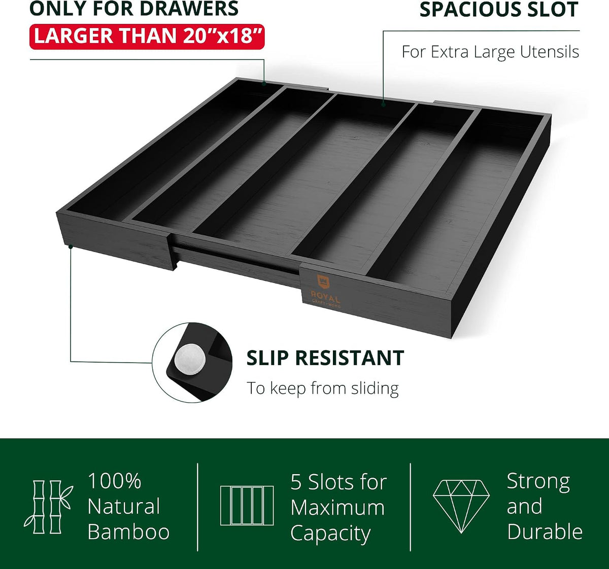 ROYAL CRAFT WOOD Luxury Bamboo Kitchen Drawer Organizer - Silverware Organizer - Utensil Holder and Cutlery Tray with Grooved Drawer Dividers for Flatware and Kitchen Utensils (5 Slot, Black)