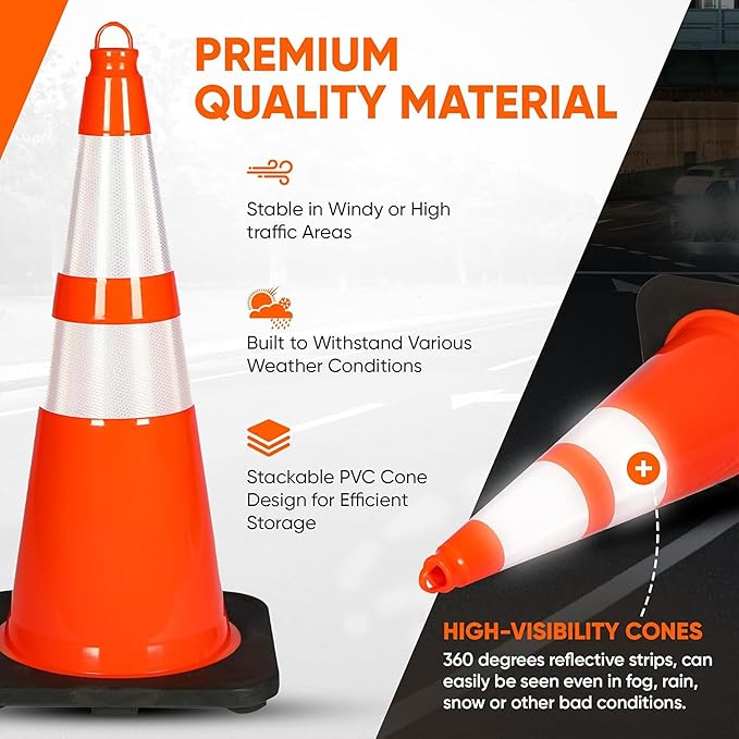 Pyle 28-Inch Safety Traffic Cones, 6-Pack Orange Parking Cones with Reflective Collars, Stackable PVC Construction for Roadwork, Sports Training & Events, Solid High-Density Base for Stability