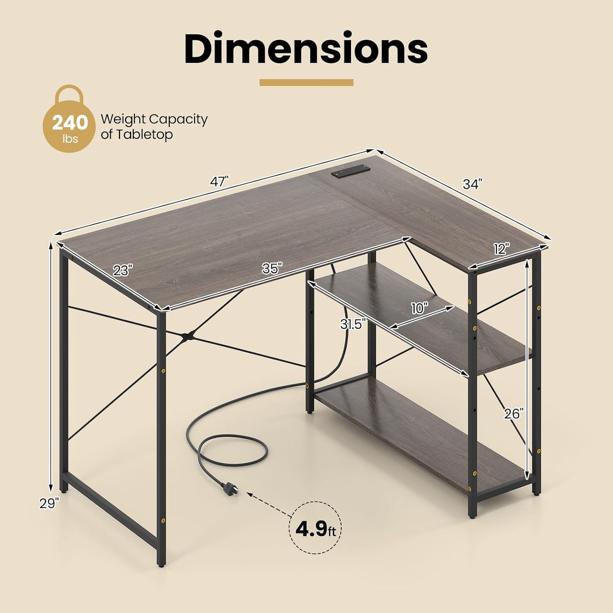 Tangkula L-Shaped Computer Desk with Reversible Shelves, 48 Inch Corner Computer Desk, Modern Writing Study Desk Home Office Workstation, Space Saving Design (48 Inch, Gray)
