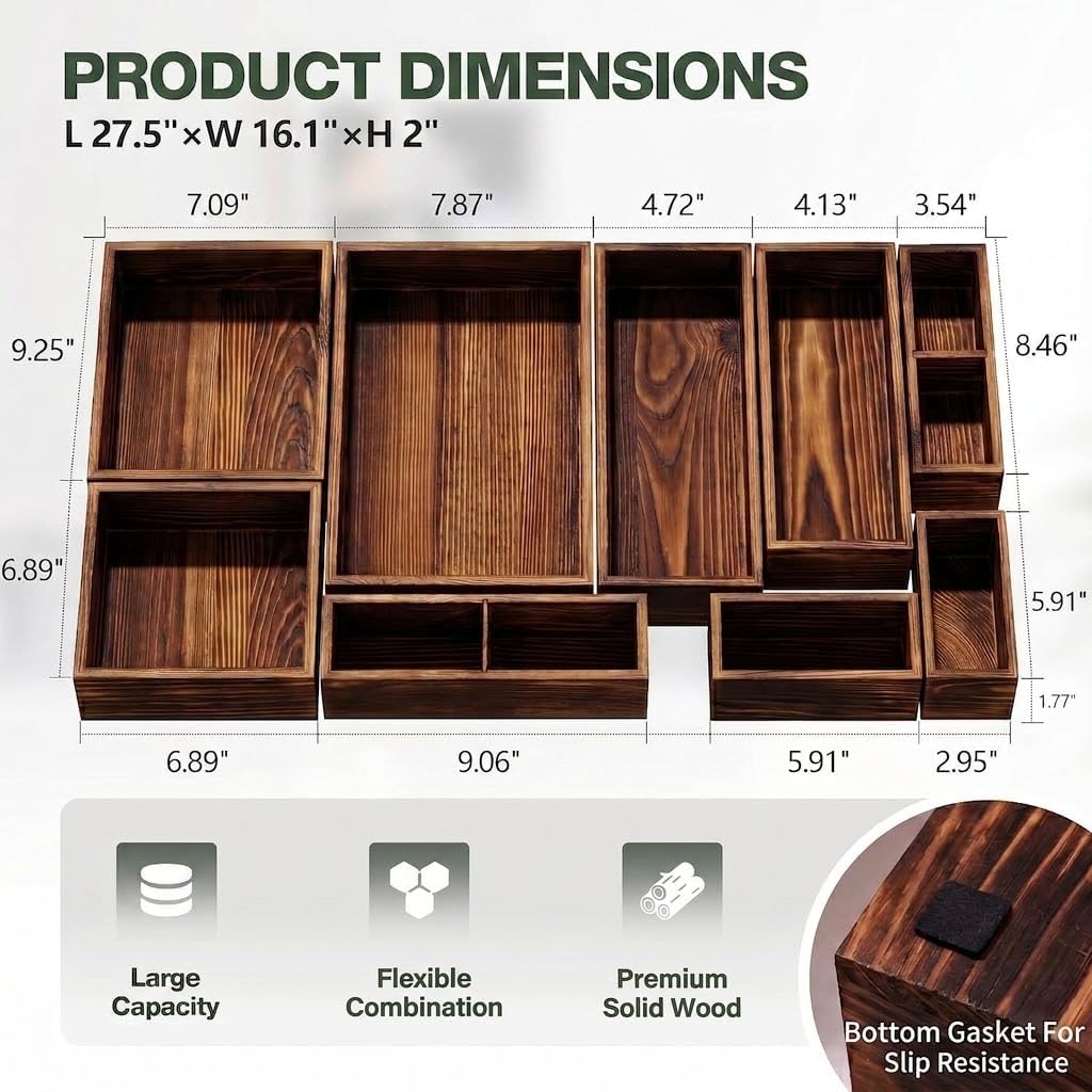 9-Pack Solid Wood Junk Drawer Organizer, Modular Desk Drawer Tray & Accessories with Non-Slip Pad, Multi-Use for Kitchen, Office, Bedroom Dresser, Utensil, Makeup, Stationery, Tea Bags & Coffee Pod