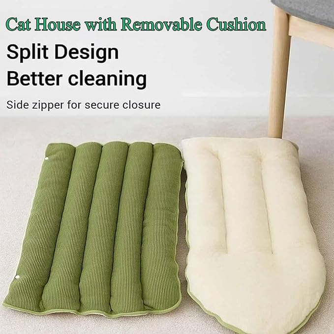 Expectation Cat Bed, Removable and Washable Winter Closed-Off Cat Bed, Soft Fluffy Warm Autumn/Winter Cats House, Washable Non-Slip Pet Sleeping Bag for Indoor Cats Small Dogs (Green,Large)