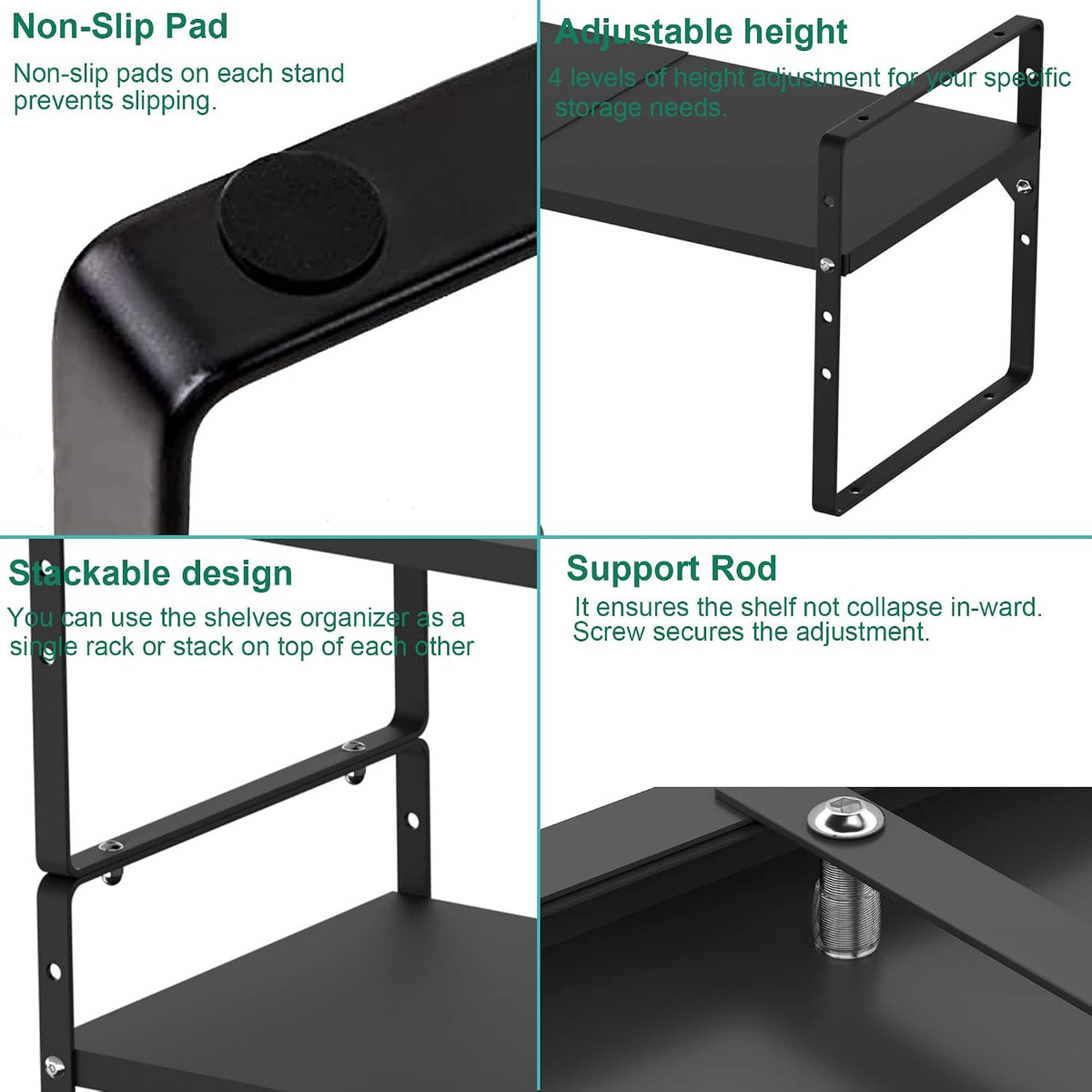 iPEGTOP Expandable Cabinet Storage Shelf Organizer Rack, Heavy Duty Cupboard Stand Spice Rack Adjustable Height Pantry Garage Shelf Space Riser for Counter Kitchen Organization, Black, 1 Pack