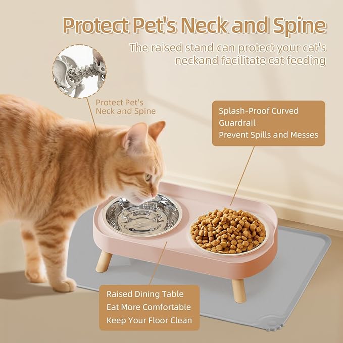 Elevated Cat Bowl with Food Mat, Raised Cat Food and Water Bowl Set