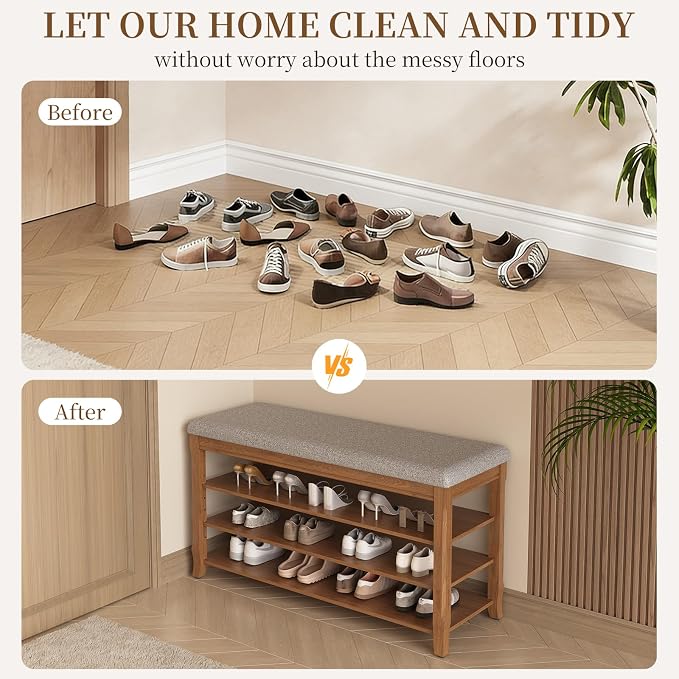Rubber Wood Shoe Bench with Storage, Flip-Top Soft-Close Lid, Adjustable Shelves
