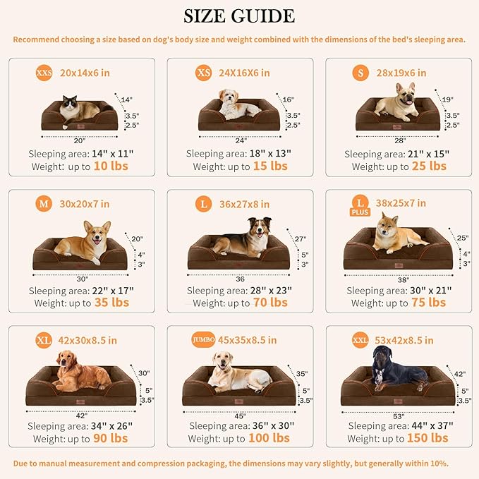 Comfort Expression Orthopedic Dog Bed for Large Dogs 38x25 Inch, Waterproof Supportive Egg Crate Foam Large Pet Bed with Removable Bolsters, Dog Couch with Washable Cover & Non-Slip Bottom, Dark Brown