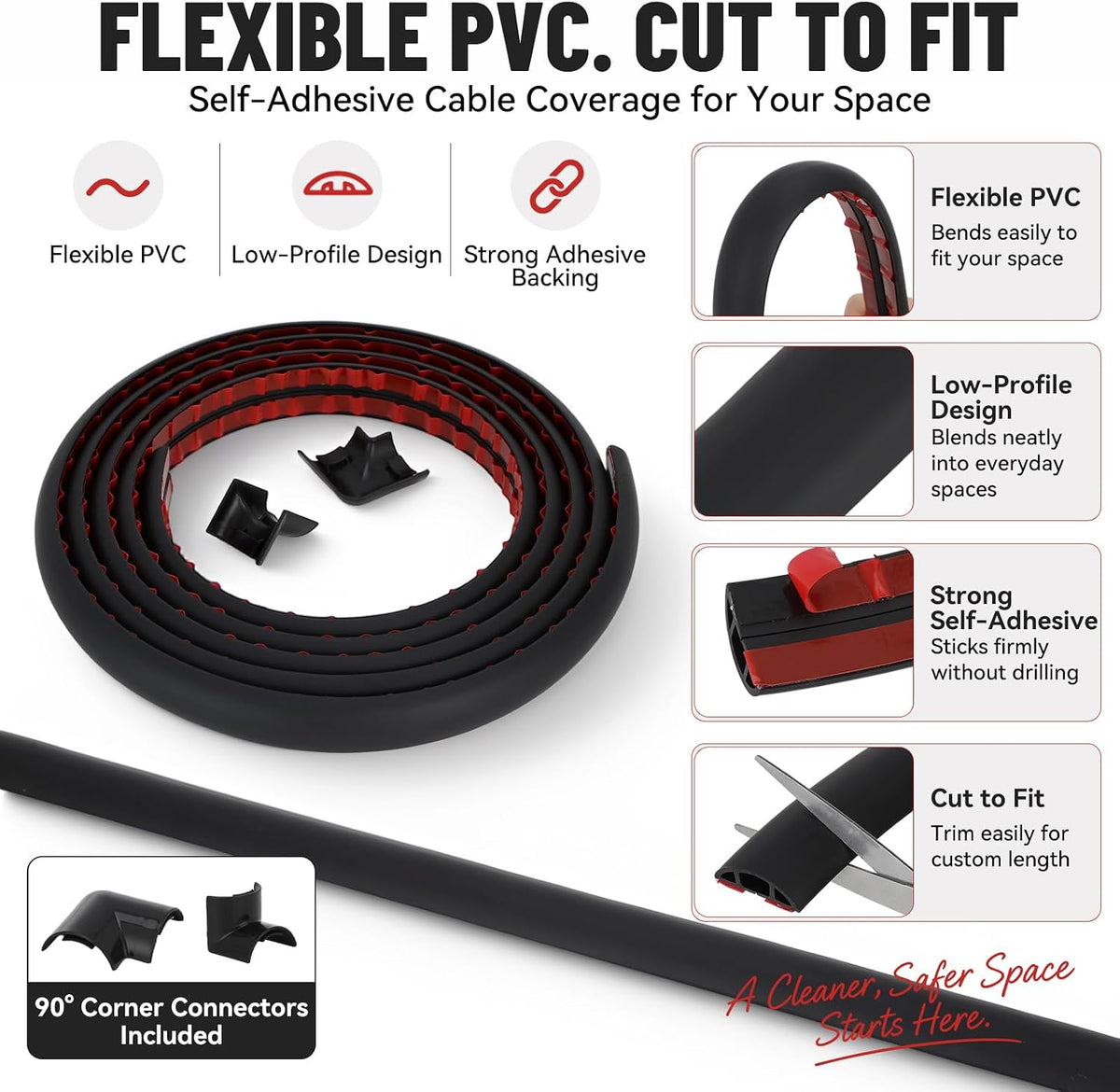 Floor Cord Cover Self Adhesive Cord Hider, Cable Management, Extension Strip Protector for Wires (Black, 1.18" x 20')