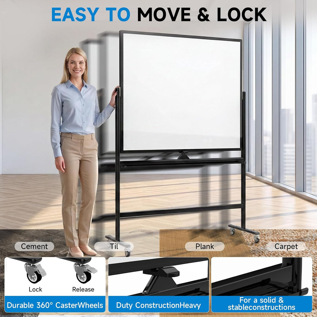 Mobile Rolling Whiteboard on Wheels 60"x 48" Double-Sided Magnetic