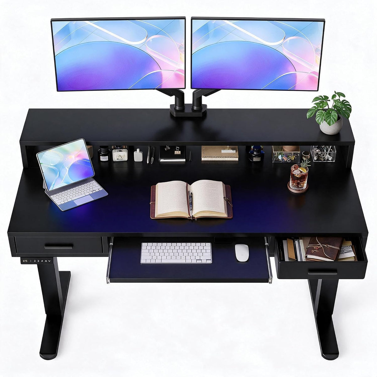 HUANUO 55″ X 26″ Electric Standing Desk with 2 Drawers &24.4″ Large Keyboard Tray, C-Clamp Mount Compatible, Adjustable Computer Desk for Office, Sit Stand Up Desk with 4 Height Presets, Black