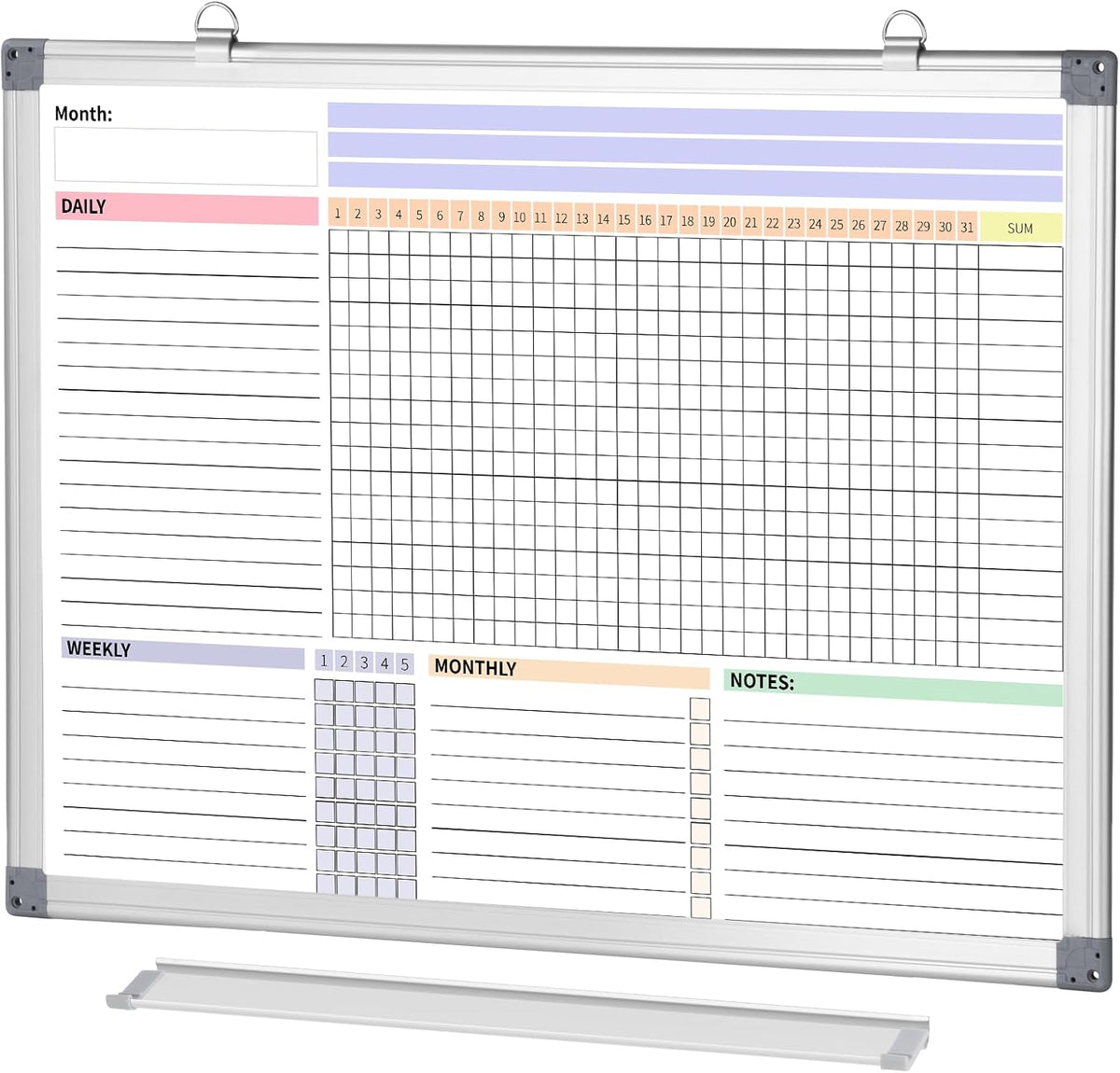 Habit Tracker Dry Erase Whiteboard with Silver Aluminium Frame for Wall 24" x 18"Hanging Removable Daily Weekly and Monthly Goal and Habit Tracker Motivational Goal & Planner Journal