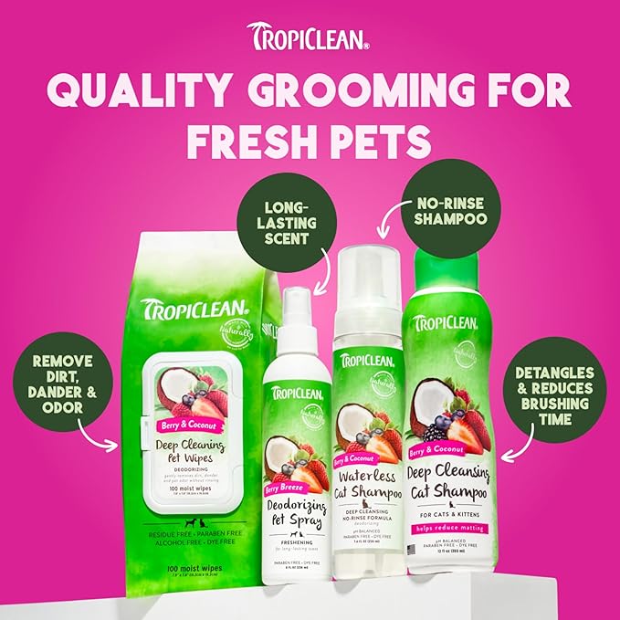 TropiClean Berry & Coconut Waterless Cat Shampoo | Deep Cleansing Dry Shampoo for Cats | Natural Cat Shampoo Derived from Natural Ingredients | Made in the USA | 7.4 oz.