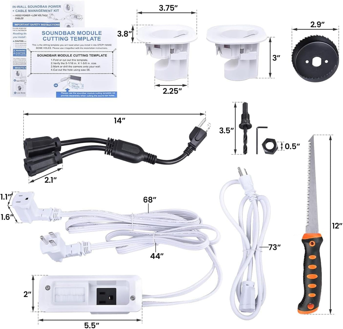 in Wall Cable Management Kit for TV & Soundbar - Cord Hiding for Wall, Hide TV Wires When Mounting, Includes Power & Low Voltage Cable Management, Includes Hole Saw Drill Attachment for Install