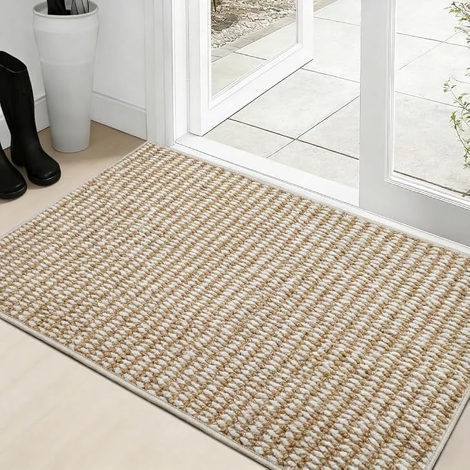 Dirt Trapping Door Mat 20x32, Taupe & White Faux Jute Entryway Rug | Low-Profile