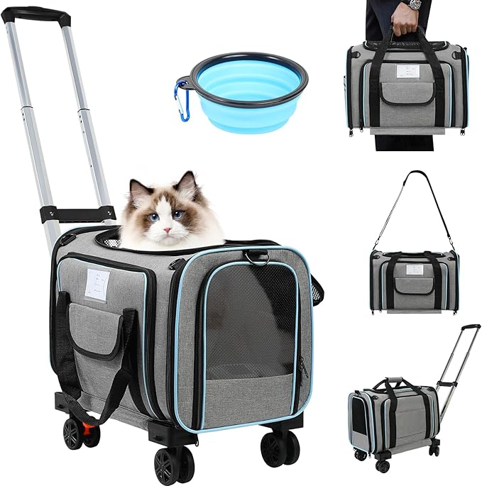 Pet Carrier Airline Approved, Expandable Pet Cat Carriers with Wheels for Dogs, Airline Approved Cat Dog Carrier, TSA Approved Pet Carrier In Cabin, Pet Dog Cat Carrier Soft, Cat Travel Carriers(Grey)