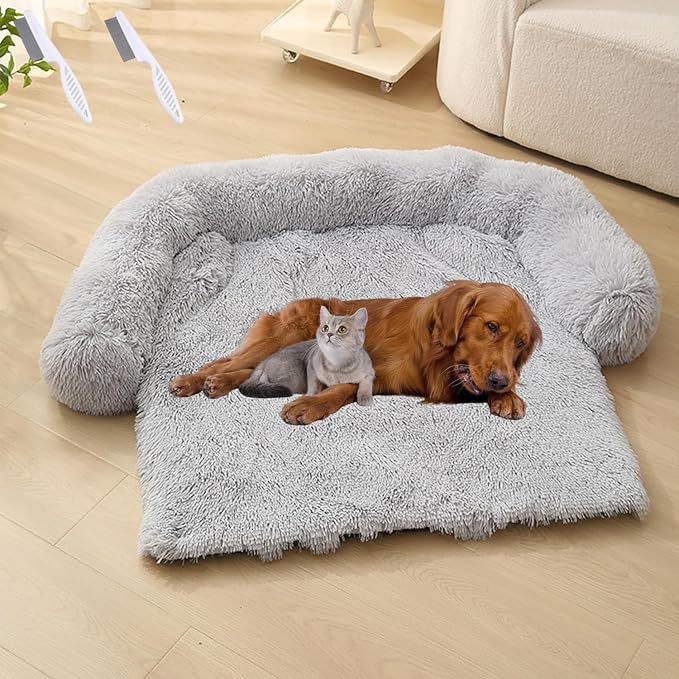 Dream Cloud Pet Sofa Bed for Dogs Cats, 2026 Washable Removable Calming Fluffy Plush Mat for Furniture Protector, Long Fur Non-Slip, for Small/Medium/Large Home Pets (Grey, M: 33.5 * 28.3IN)