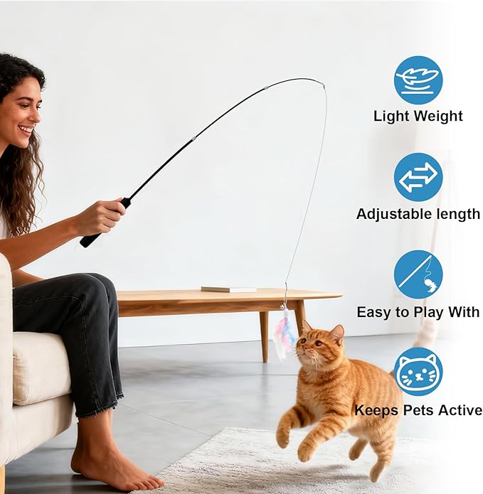 8 Pack Cat Wand Toy Cats Toy (2 Solid Wood Teases+1 Extendable Teaser Wand with 5 Replacement Heads